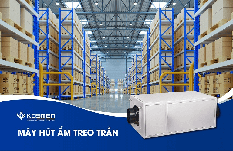 Máy hút ẩm treo trần Kosmen có khả năng kiểm soát ẩm tốt trong kho xưởng hạn chế về mặt diện tích