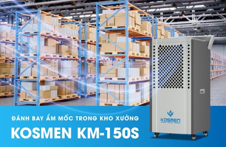 Máy hút ẩm Kosmen KM-150S thích hợp sử dụng trong kho xưởng giúp đơn giản hóa dây chuyền sản xuất