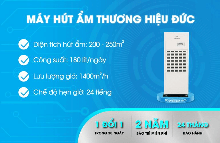 Máy hút ẩm Kosmen KM-180S kiểm soát ẩm hiệu quả trong phạm vi từ 200-250m2