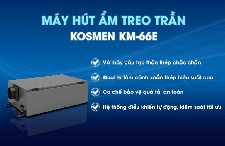 Máy hút ẩm treo trần Kosmen KM-66E có thiết kế nhỏ gọn với gam màu đen chủ đạo