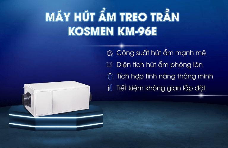 Với công suất hút ẩm mạnh mẽ, máy hút ẩm treo trần Kosmen KM-96E có thể xử lý ẩm dễ dàng trong phạm vi kho xưởng