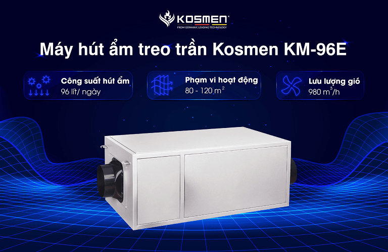 Máy hút ẩm treo trần Kosmen KM-96E có khả năng sấy khô nông sản hiệu quả