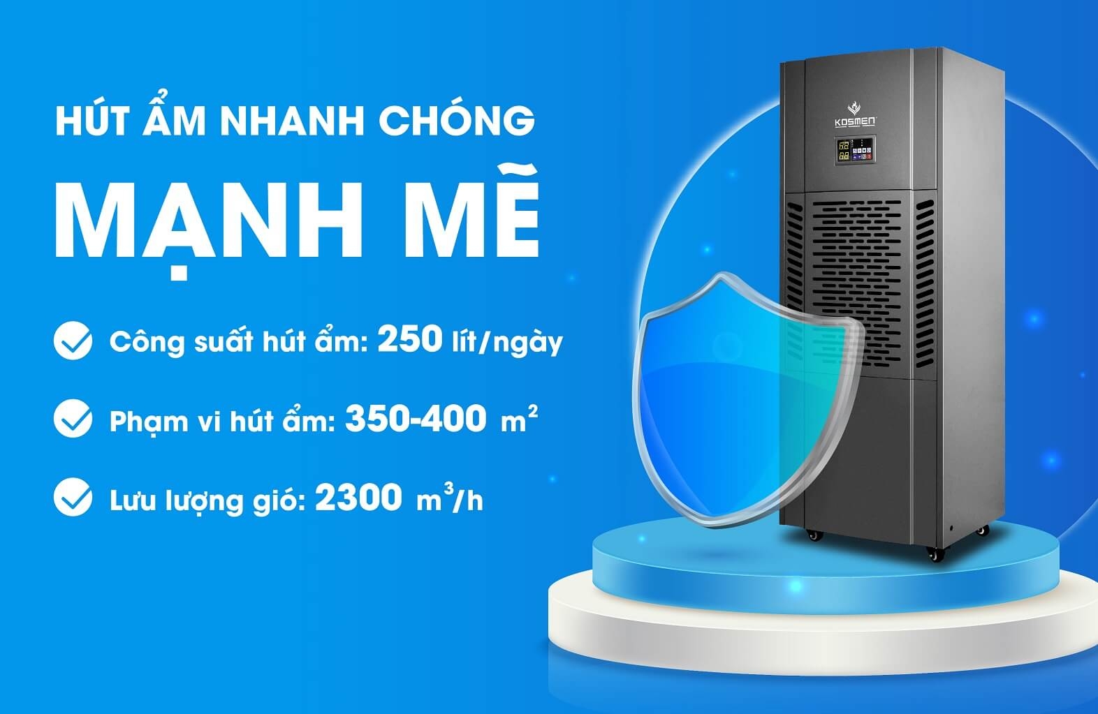 Máy hút ẩm công nghiệp Kosmen KM-250S sở hữu công suất hút ẩm mạnh mẽ