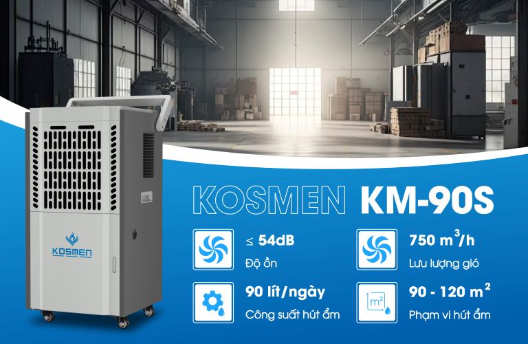 Máy hút ẩm Kosmen KM-90S nổi bật với công suất hút ẩm mạnh mẽ, vận hành bền bỉ